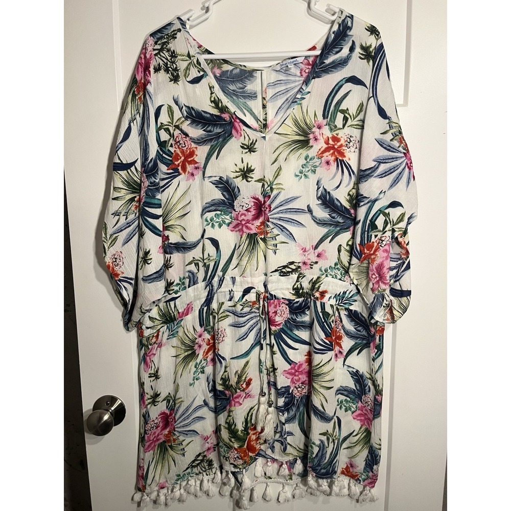 Blue Island Floral Dress Womens Medium M Tropical Tassel Trim Boho Mini Rayon